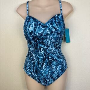 Aquagreen Bathing Swim Suit One Piece Size M 8-10 Turquoise Black Shirred Front